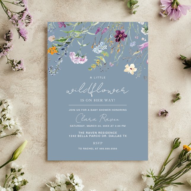 Liten Vildblomma Dammig Blå Blommig Bebis Babyshow Inbjudningar (Skapare uppladdad)