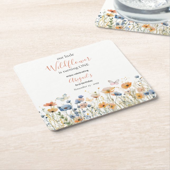 Liten Vildblomma Fjäril Äng 1-årsdag Underlägg Papper Kvadrat (Vinklad)