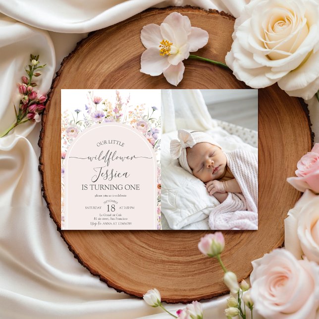 Liten vildblomma Foto 1-års födelsedagsinbjudan Inbjudningar (Skapare uppladdad)