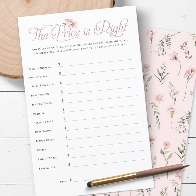 liten vildblomma priset är rätt duschspel (Pink Wildflower, The price is right baby girl shower games)