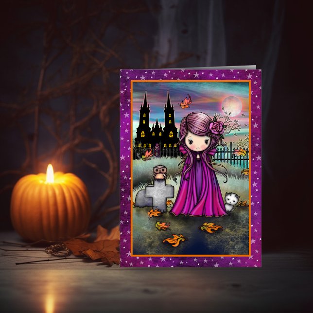 Liten Violett Söt Halloween-Vampyr, Katt, och Uggl Kort (Skapare uppladdad)