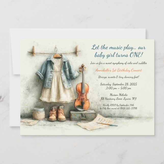 Liten violinist – 1-års födelsedagsflicka inbjudningar (Framsida)