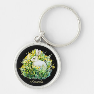 Liten vit bunny och blommor rund silverfärgad nyckelring