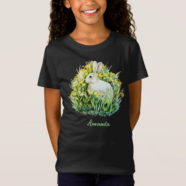Liten vit bunny och blommor t shirt (Framsida)