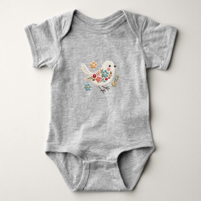 Liten vit fågel blommig baby bodysuit t shirt (Framsida)