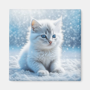 Liten vit kattunge i snö jul magnet