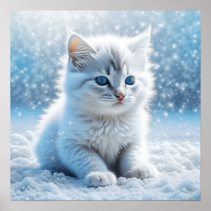 Liten vit kattunge i snö jul poster