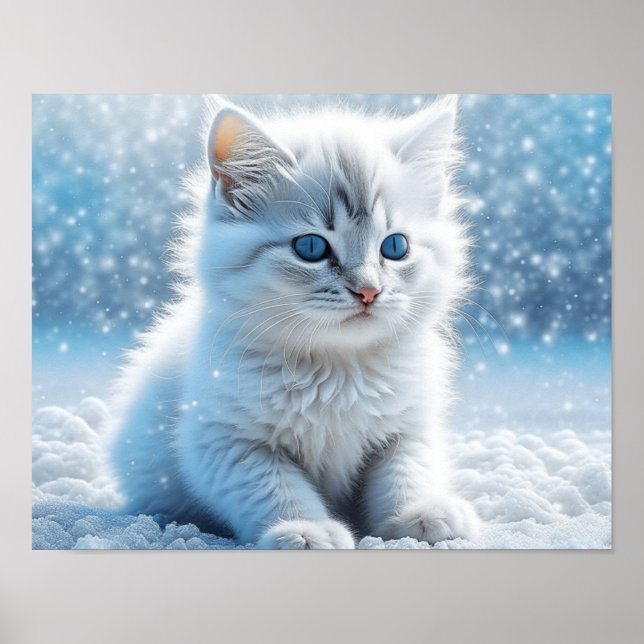 Liten vit kattunge i snö jul poster (Framsidan)