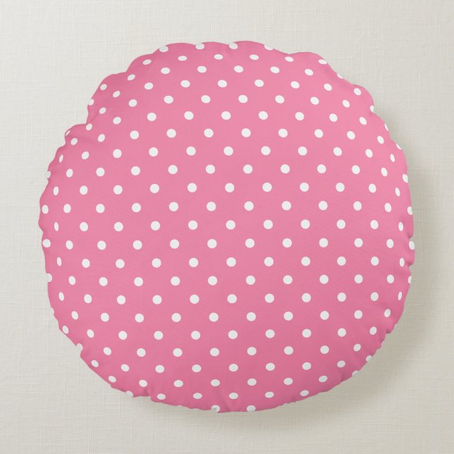 Liten vit Polka dots på shock rosa Rund Kudde (Framsidan)