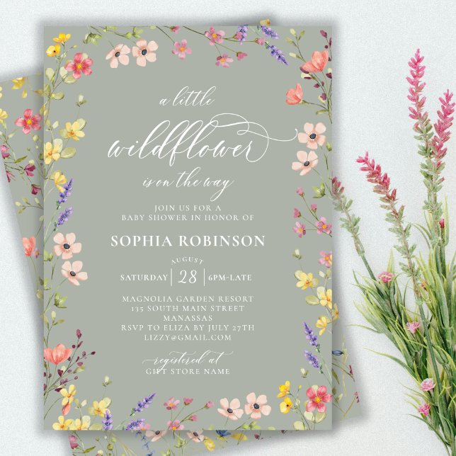 Liten Wildblommor Boho-skript, blå babystövel Inbjudningar (Skapare uppladdad)