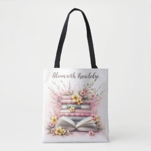 Literär Bloom Tote Bag - Blommar med Bokar Tygkasse