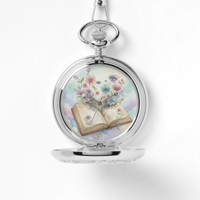 Literary Bloom: Open Book & Wildflower Psychedelic Armbandsur (Framsida)