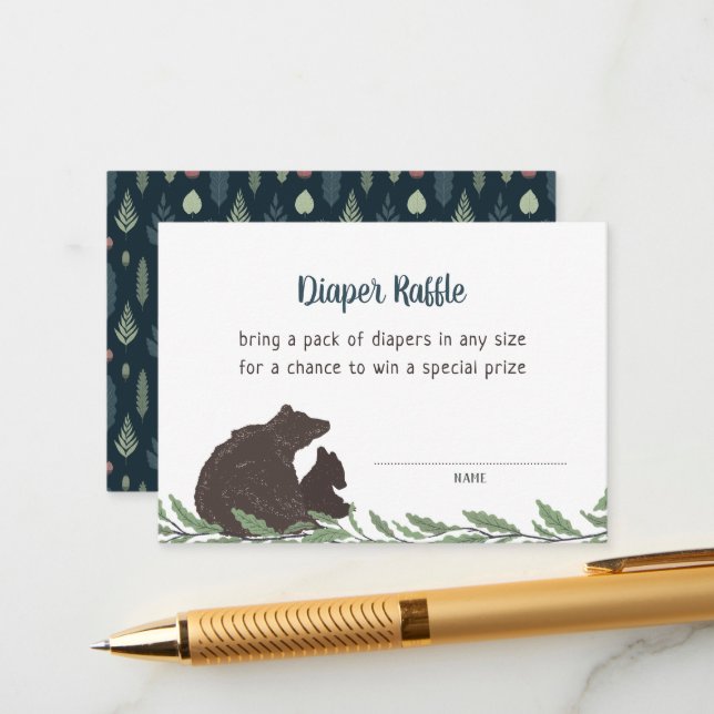 Litet Bear Rustic Baby Shower Diaper Raffle Card Tilläggskort (Fram/Back In Situ)