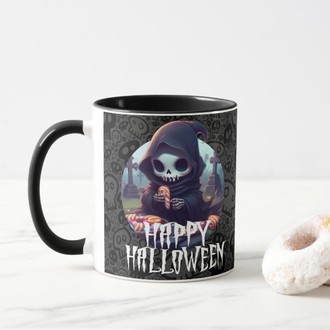 Litet grimregn med kandy Happy halloween Mugg (Med munk)