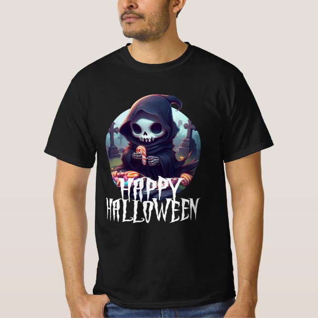 Litet grimregn med kandy Happy halloween T Shirt (Framsida)