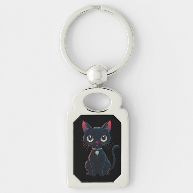 Litet kusligt svart katt rektangulärt silverfärgad nyckelring (Framsidan)