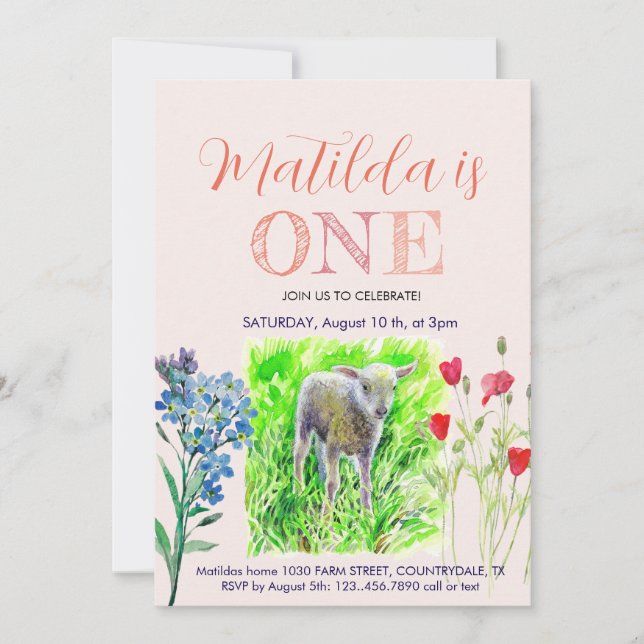 Litet lamm och vilda blommor inbjudningar (Framsida)