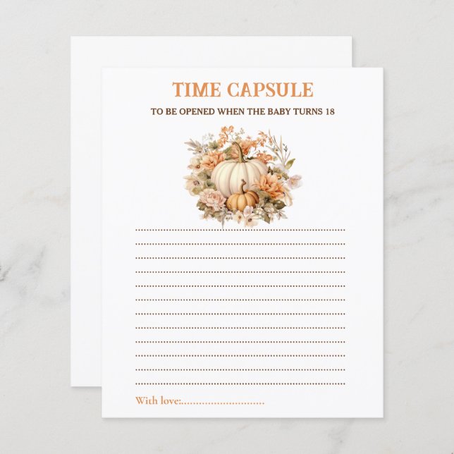 Litet Pumpkin Time Capsule Card Fall Baby Shower (Fram/baksida)