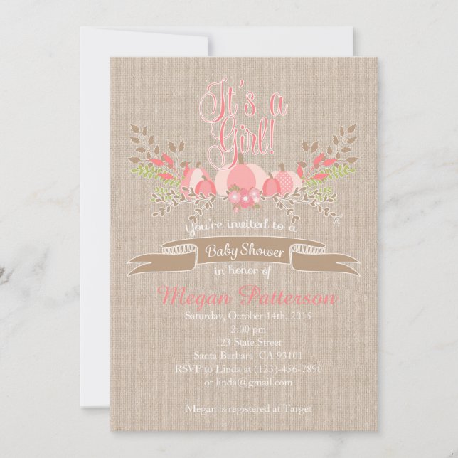 Litet Rosa Pumpkin Babykläder Inbjudan Burlap (Framsida)