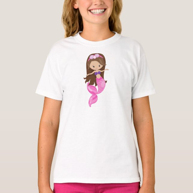 Litet Sjöjungfru, Cute Sjöjungfru, Brown Hair, Snä T Shirt (Framsida)