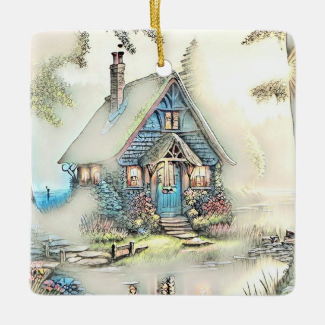 Litet stuga i Skogen - Förtjusning i rymden Julgransprydnad Keramik (Framsida)