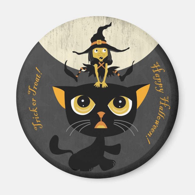 Litet Witch Spela upp bladgroda med svart katt Magnet (Framsidan)
