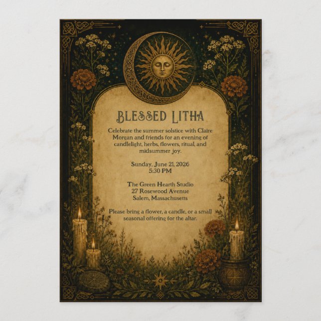 Litha-firande Pagan Botanisk Inbjudan (Framsida)
