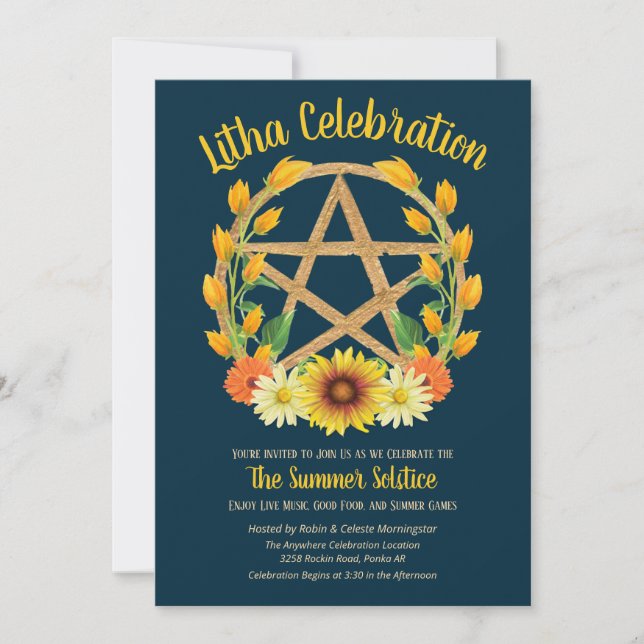 Litha Summer Solstice Guld Star Wicca Sabbat Inbjudningar (Framsida)