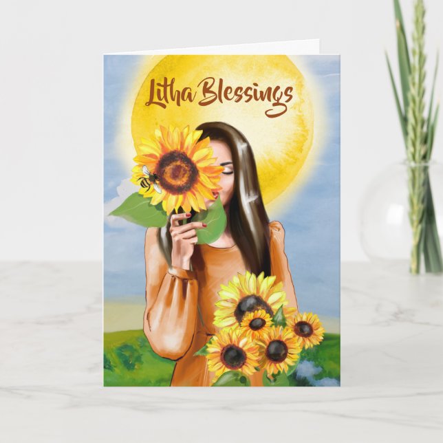 Litha Summer Solstice Sunblomma Girl Helgdag Card Kort (Framsida)