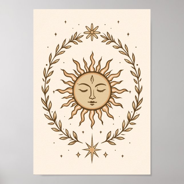 Litha Sun Face Botanical Wreath Celestial Art Poster (Framsidan)