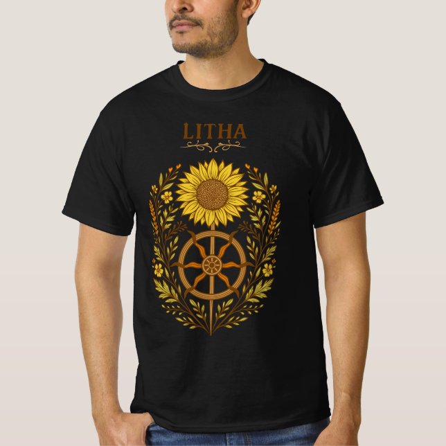 Litha Sunflower Wheel Summer Solstice Celestial  T Shirt (Framsida)