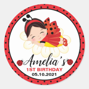 Litle Girl Ladybug Birthday Classic Round Sticker Runt Klistermärke