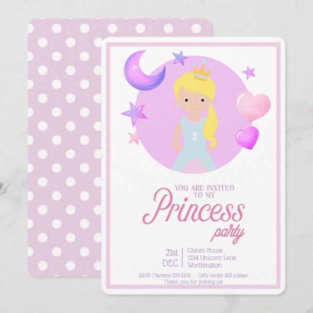 Litte Princess Födelsedagsfest inbjudan (Fram/baksida)
