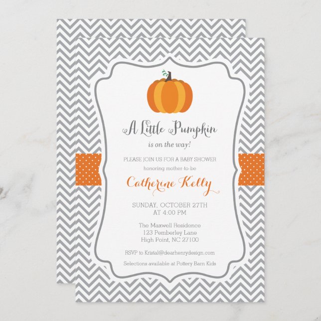 Litte Pumpkin Fall Baby Shower, Orange Neutralt Inbjudningar (Fram/baksida)