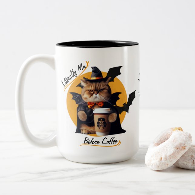 Litteralt jag före kaffe - Cute Halloween Cat Två-Tonad Mugg (Med munk)