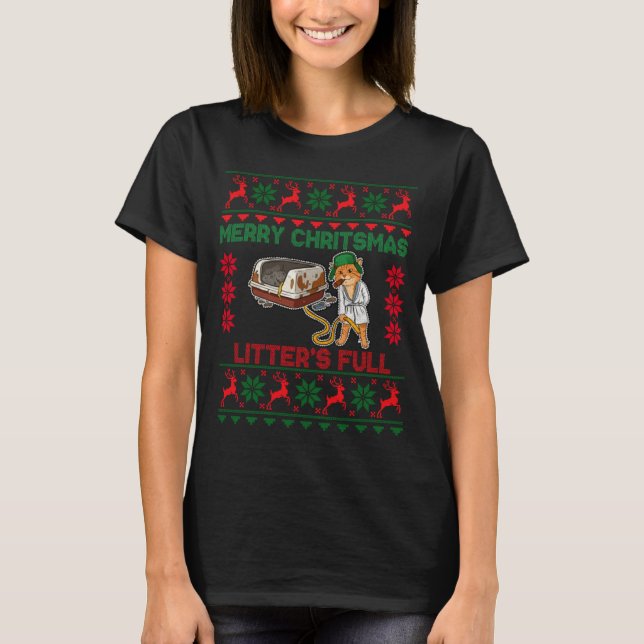 Litter's Full Merry Christmas Funny Cat Lover Ugly T Shirt (Framsida)