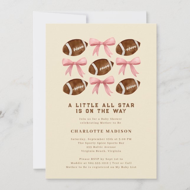Little All Star Football and Bows Baby Shower Inv Inbjudningar (Framsida)
