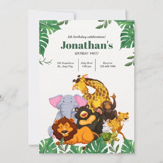 Little Animals Jungle Safari 1st Birthday Inbjudningar (Framsida)