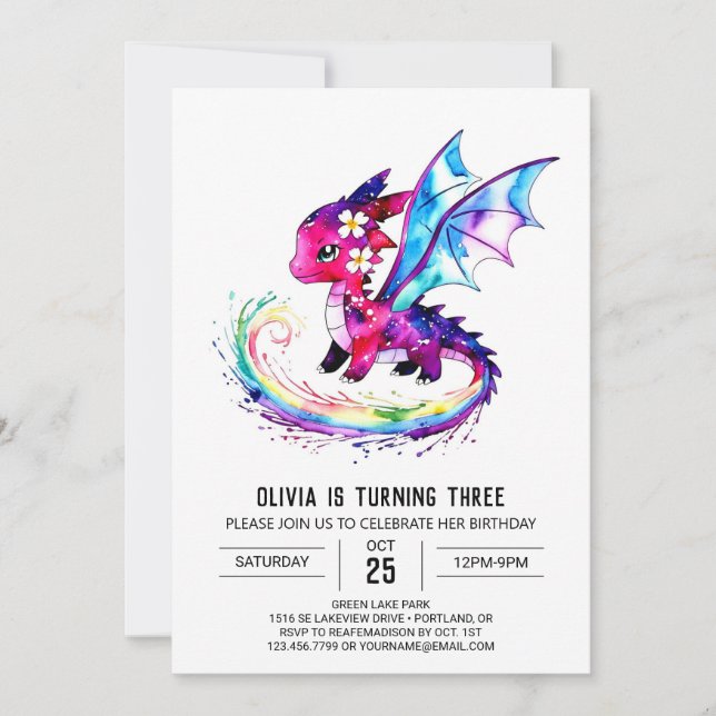 Little Anpassningsbar Dragon Digital Girl Birthday Inbjudningar (Framsida)