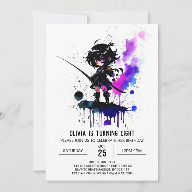 Little Anpassningsbar Ninja Digital Girl Birthday Inbjudningar (Framsida)
