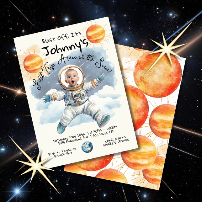 Little Astronaut 1st resa runt sol-födelsedagen Inbjudningar (Skapare uppladdad)