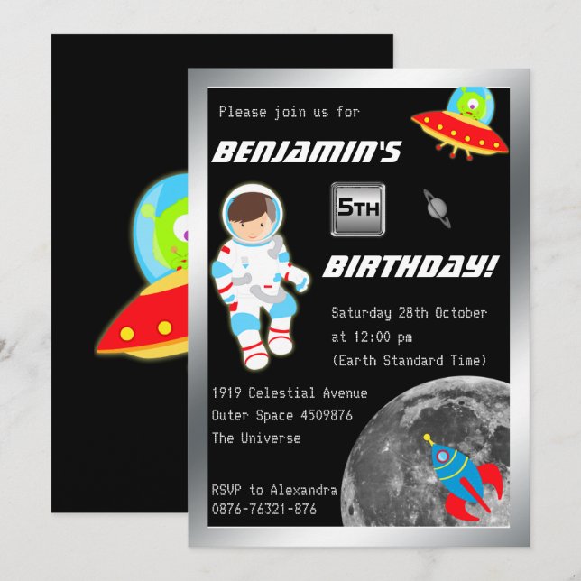 Little Astronaut i Rymden Birthday Inbjudningar (Fram/baksida)