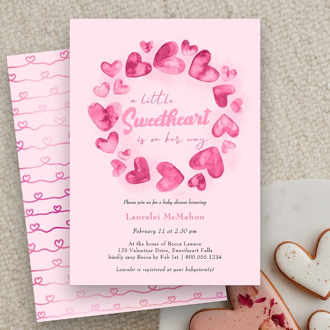 Little Baby Rosa Heart Valentine Baby Shower Inbjudningar (Little Sweetheart is on her Way Baby Shower Invitation)