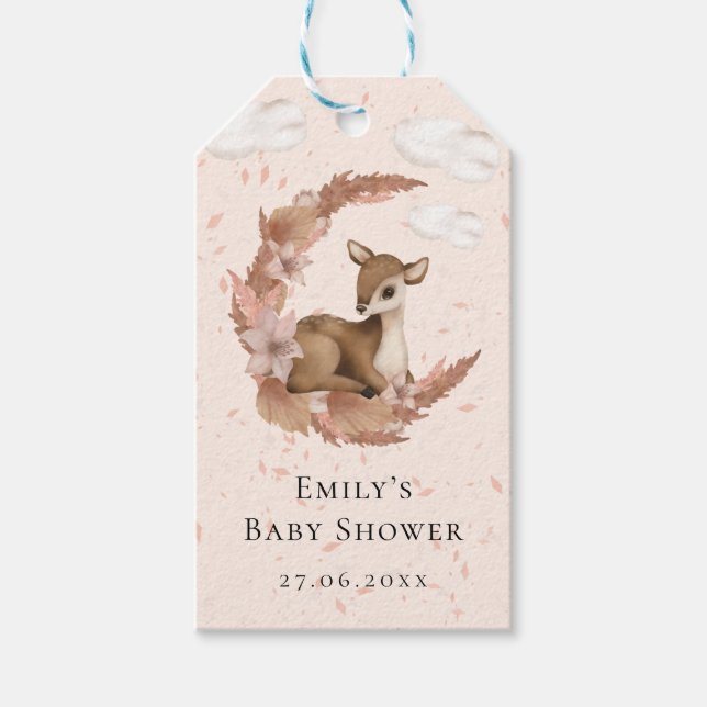 Little Bambi & Flowers Pastel Rosa Baby Birthday Presentetikett (Framsidan)