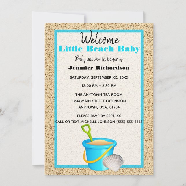 Little Beach Baby Teal Sand Pail Baby Shower Inbjudningar (Framsida)
