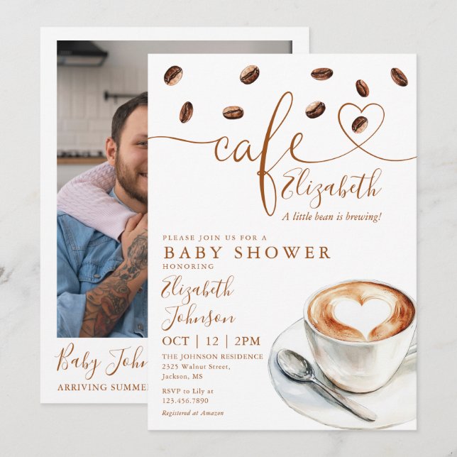 Little Bean Coffee Cafe Foto Baby Shower Inbjudningar (Fram/baksida)