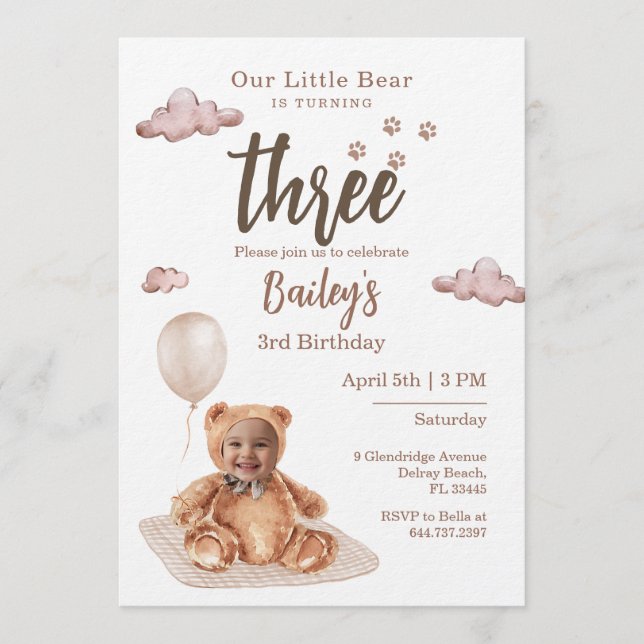 Little Bear Any Age Birthday Photo Invitation Inbjudningar (Framsida)