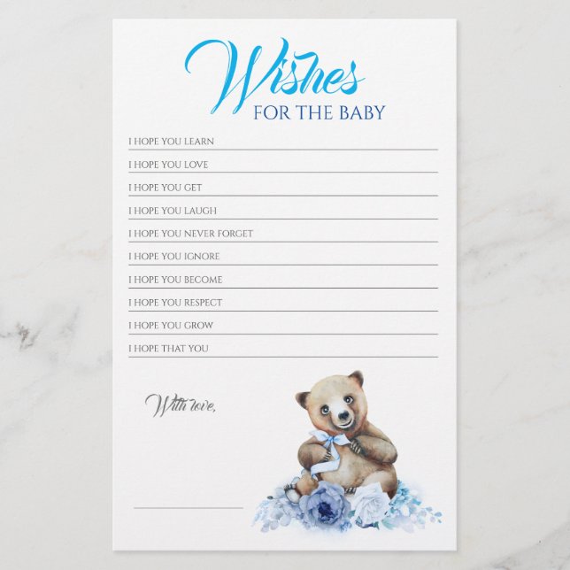 Little Bear Blue Blommigt Baby Shower Game (Framsida)