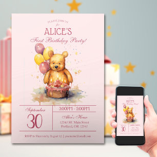 Little Bear Party Watercolor Första födelsedag Inbjudningar