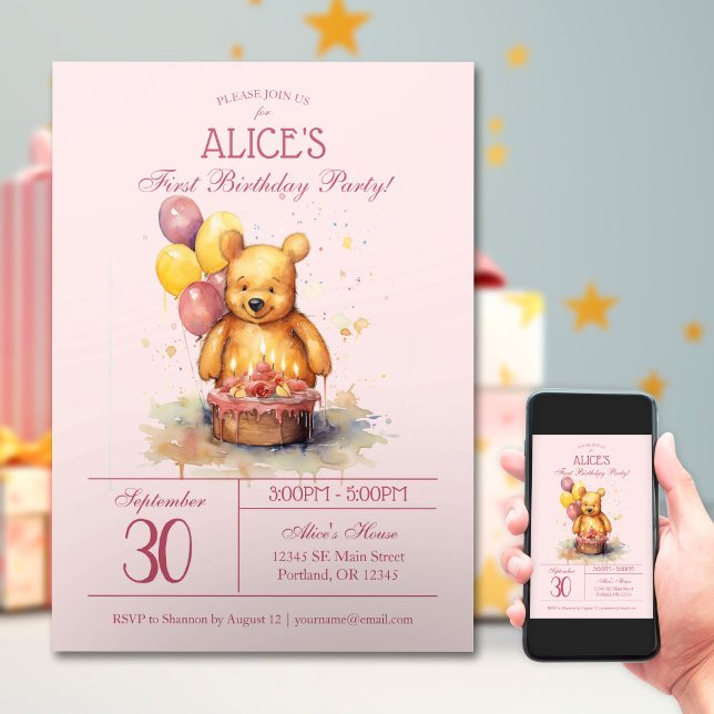 Little Bear Party Watercolor | Första födelsedag Inbjudningar (Skapare uppladdad)